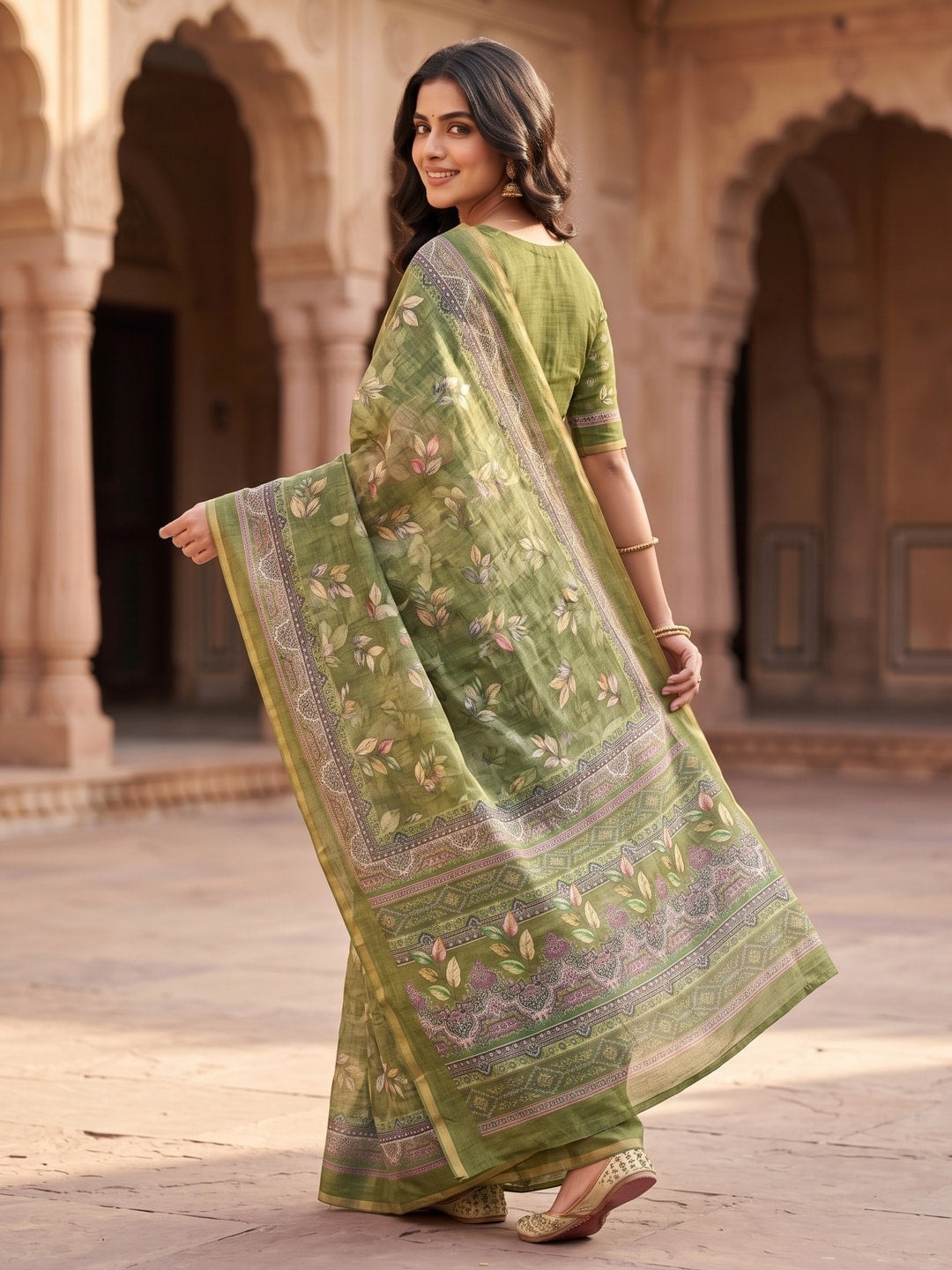Peachmode Olive Green Digital Printed Linen Saree - Image 3