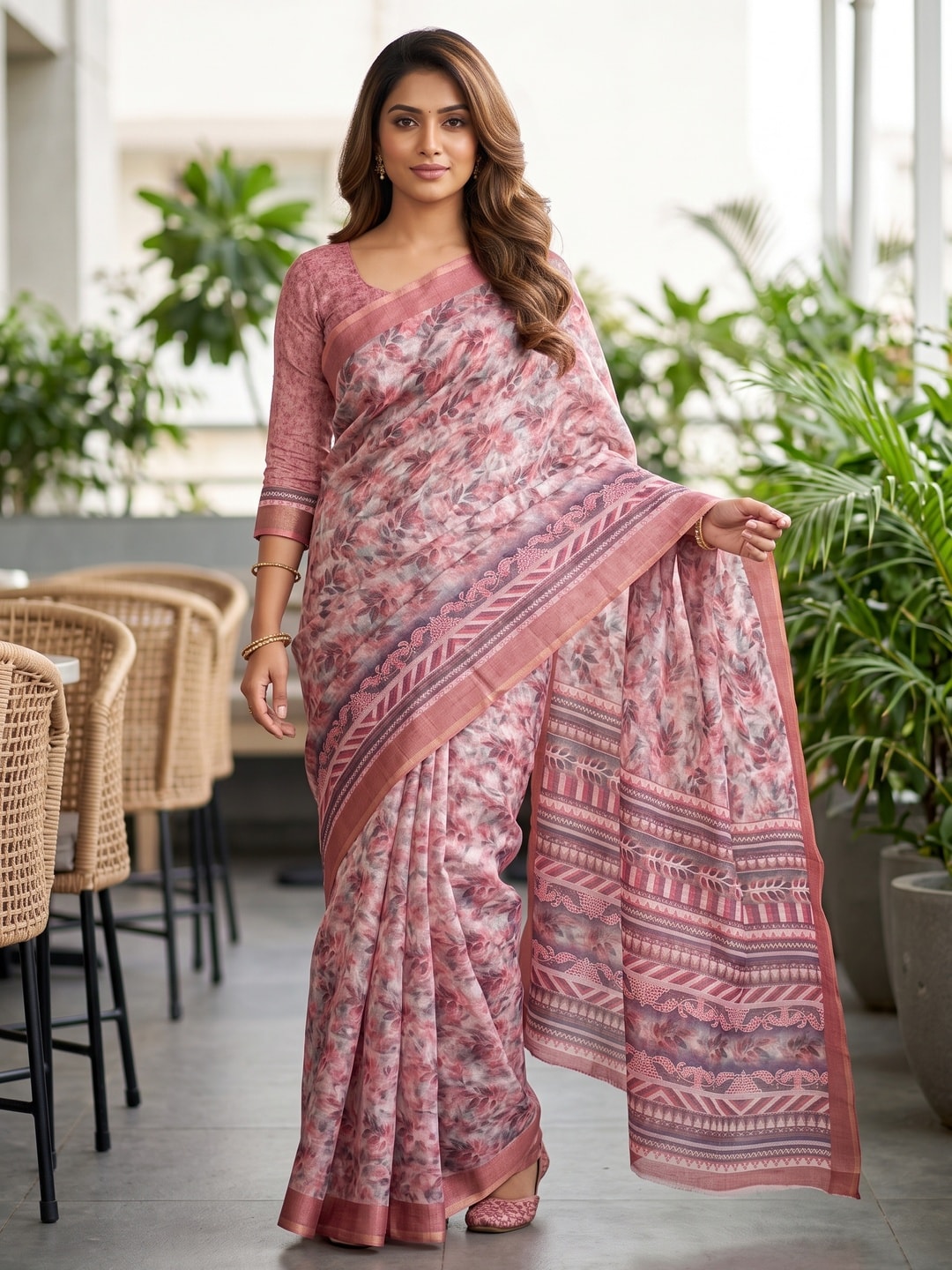 Peachmode Rose Pink Digital Printed Linen Saree - Image 1