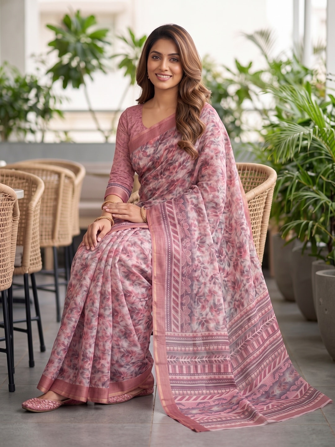 Peachmode Rose Pink Digital Printed Linen Saree - Image 4