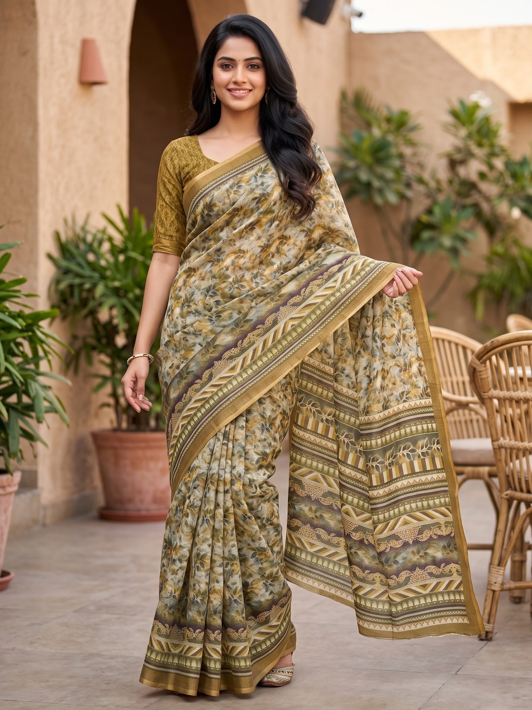 Peachmode Mustard Digital Printed Linen Saree - Image 1