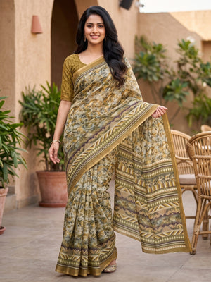 Peachmode Mustard Digital Printed Linen Saree - Image 1