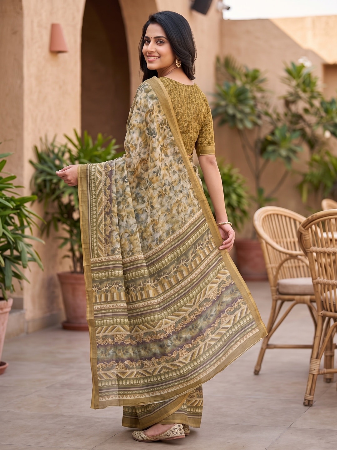 Peachmode Mustard Digital Printed Linen Saree - Image 3