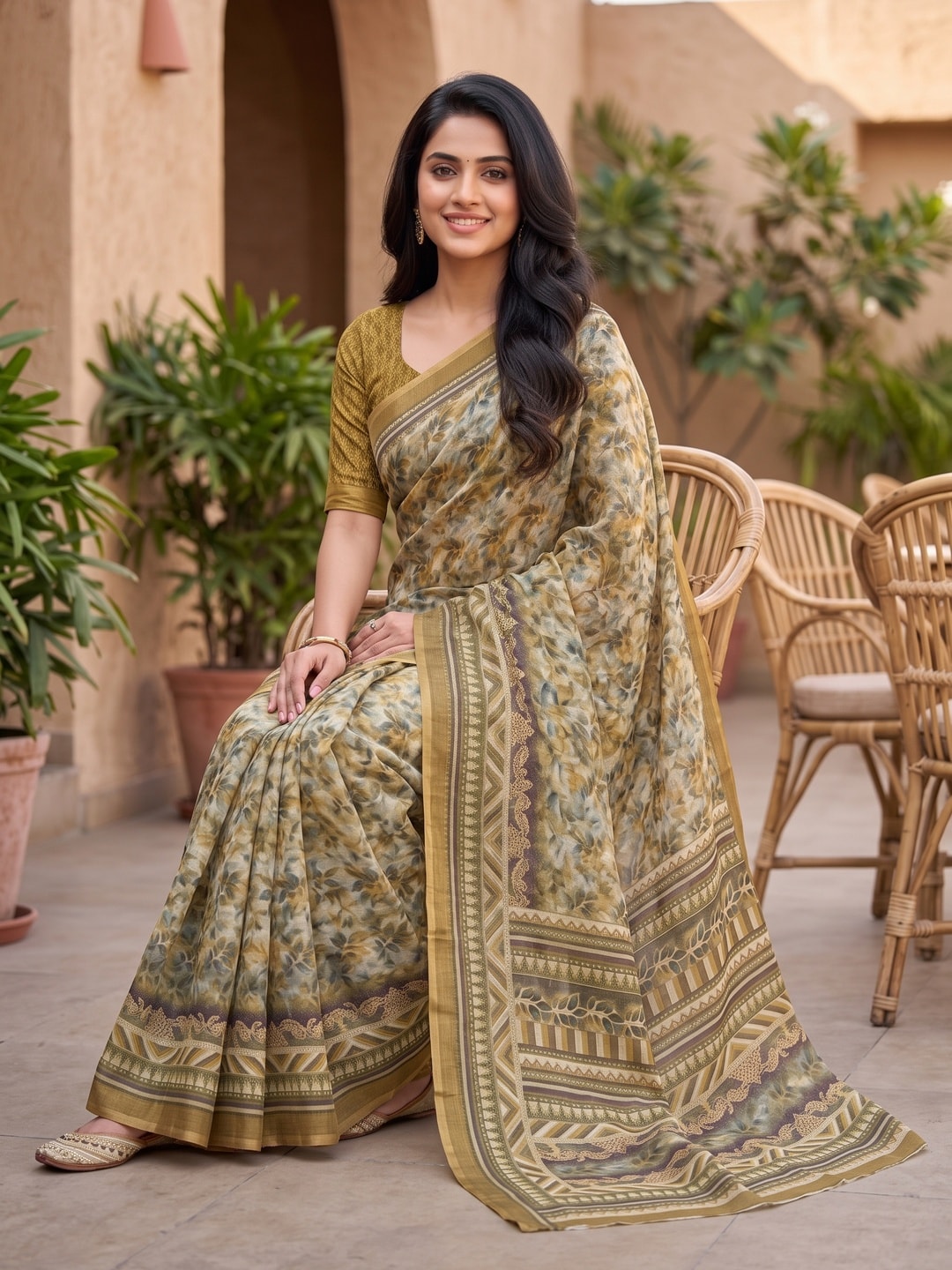 Peachmode Mustard Digital Printed Linen Saree - Image 4