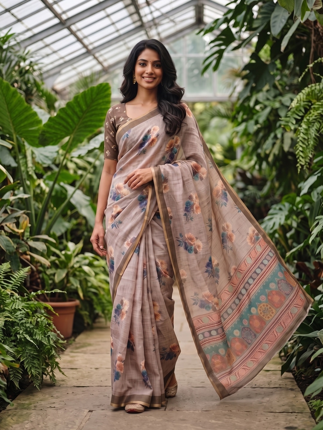 Peachmode Taupe Digital Printed Linen Saree - Image 1