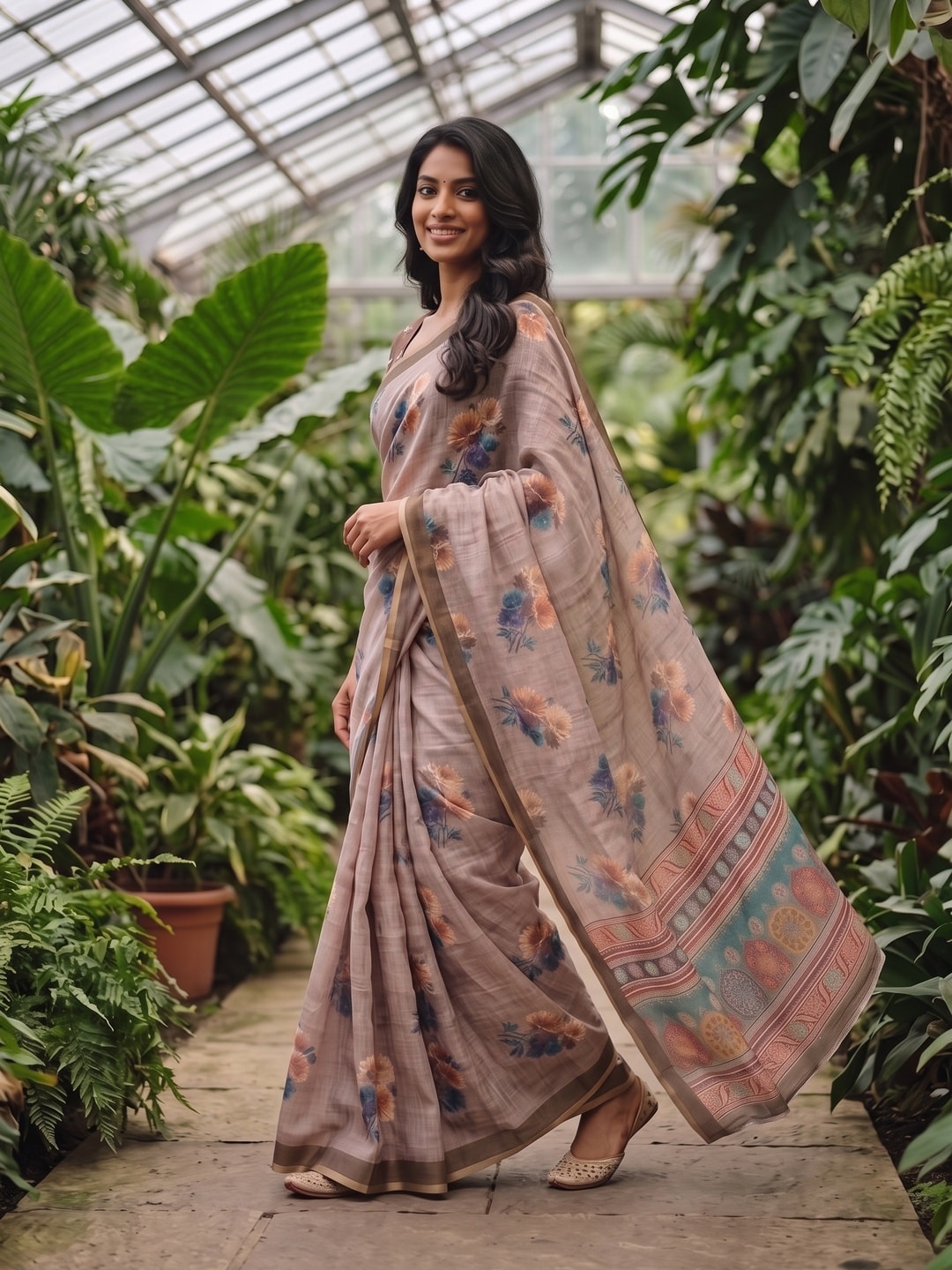 Peachmode Taupe Digital Printed Linen Saree - Image 2
