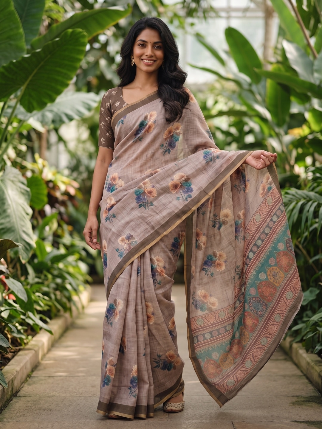 Peachmode Taupe Digital Printed Linen Saree - Image 4