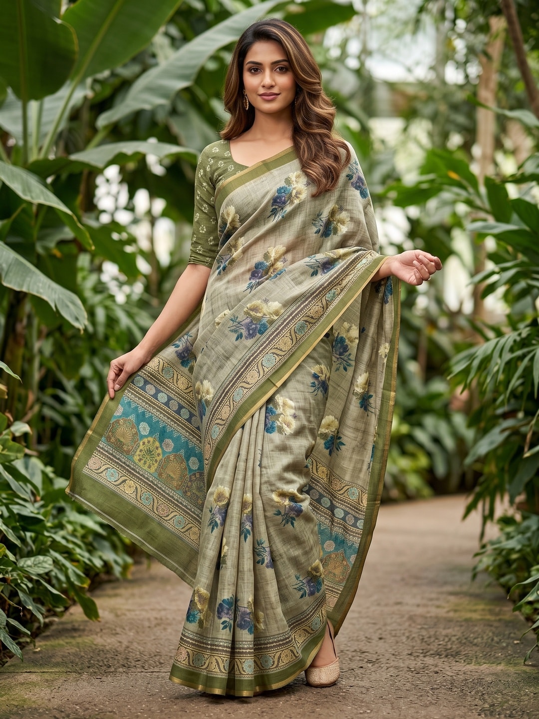 Peachmode Sage Digital Printed Linen Saree - Image 1