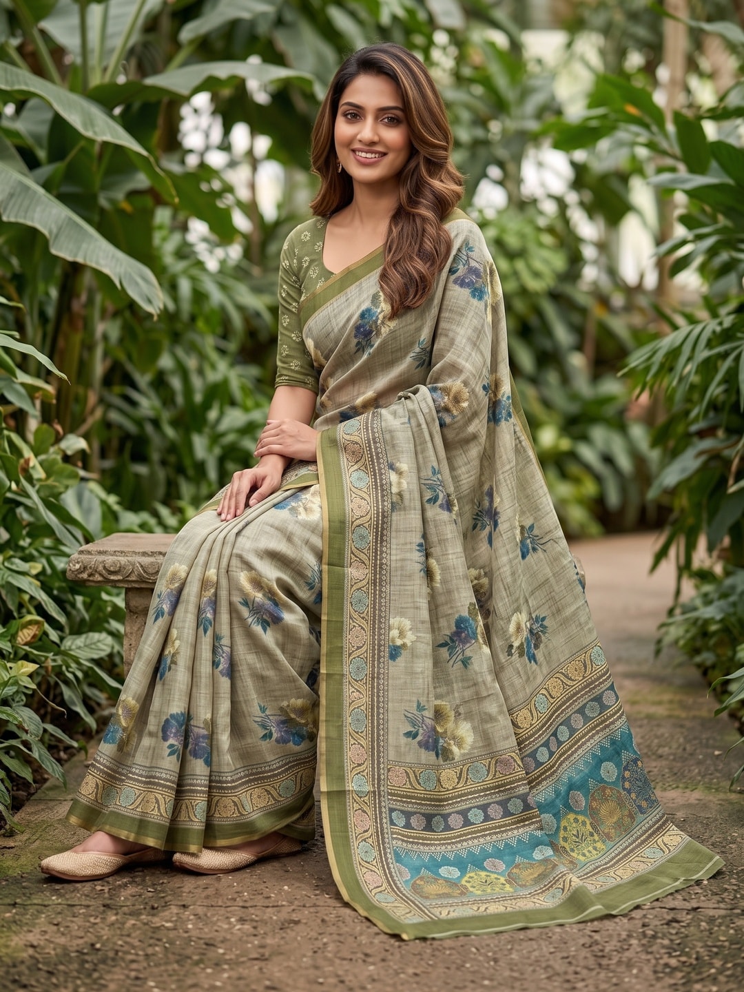 Peachmode Sage Digital Printed Linen Saree - Image 4