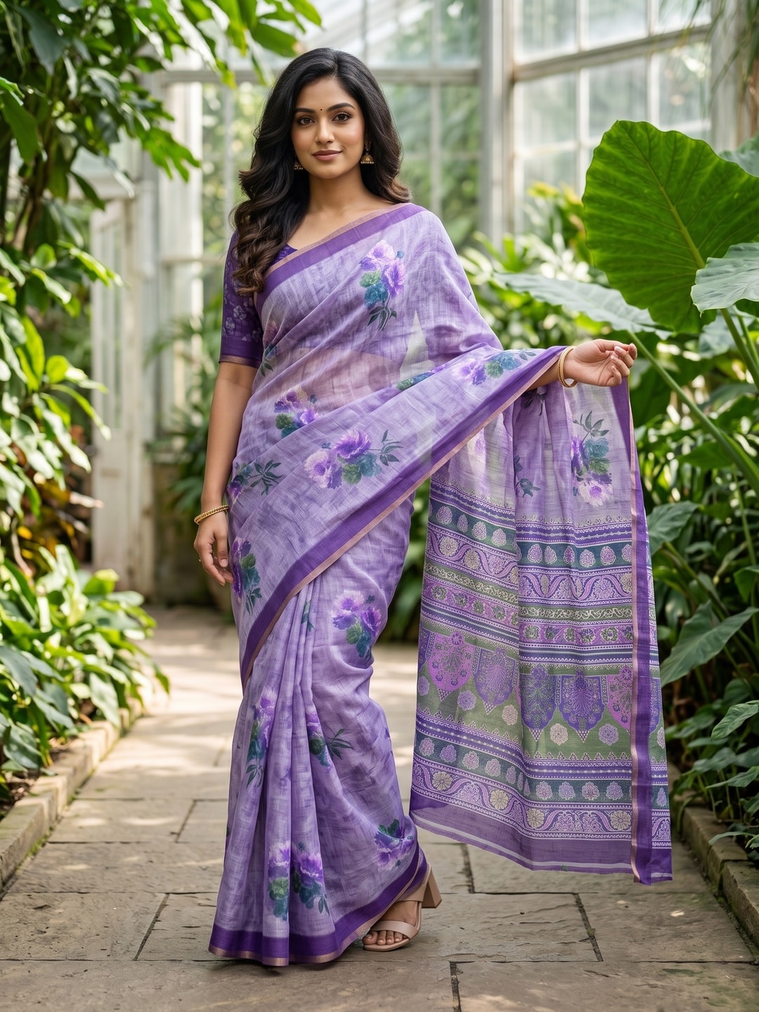 Peachmode Lavender Digital Printed Linen Saree - Image 1