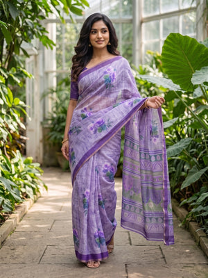 Peachmode Lavender Digital Printed Linen Saree - Image 2