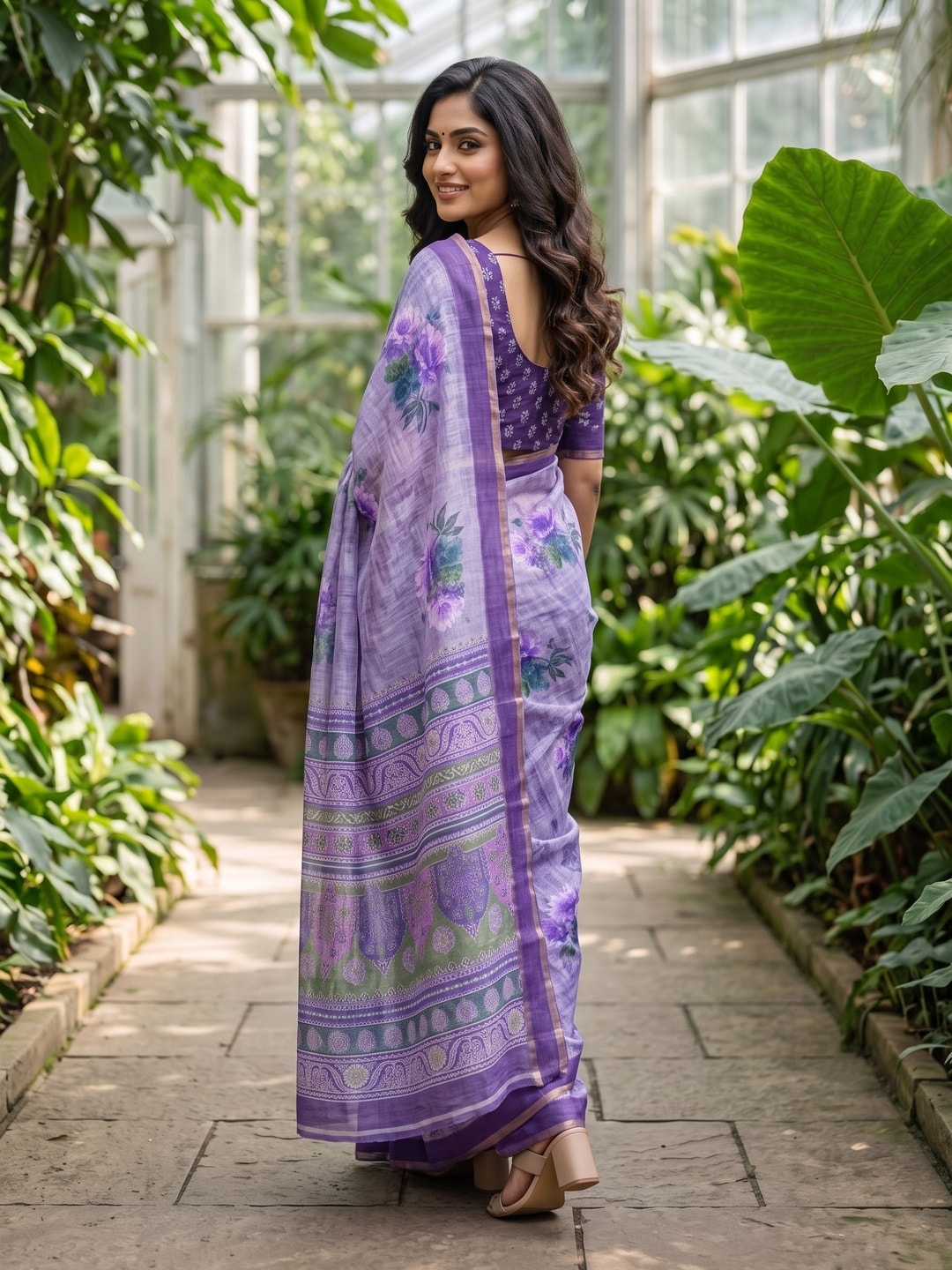 Peachmode Lavender Digital Printed Linen Saree - Image 3