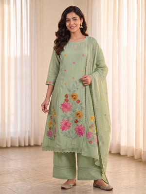 Peachmode Pista Green Mul Chanderi Floral Embroidered Salwar Suit Set - Image 1