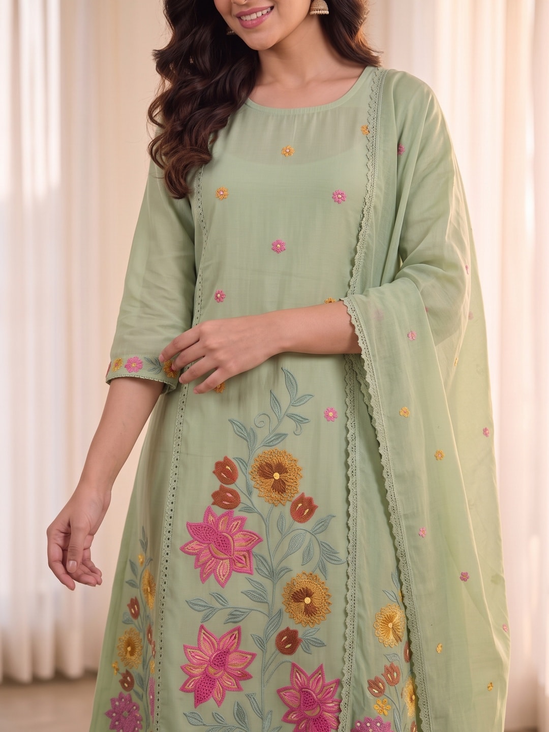 Peachmode Pista Green Mul Chanderi Floral Embroidered Salwar Suit Set - Image 4
