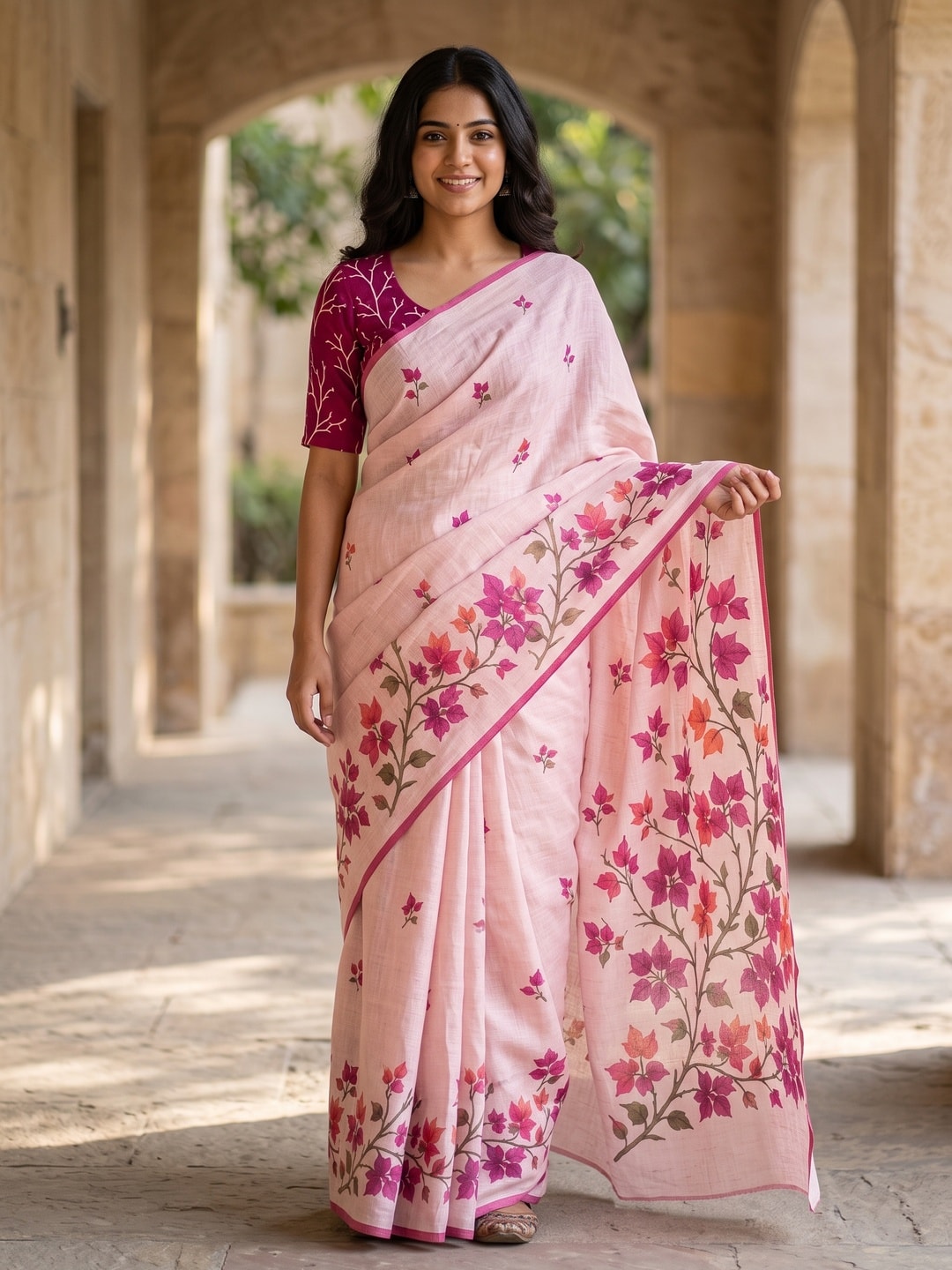 Peachmode Pink Bougainvillea Printed Linen Saree - Image 1