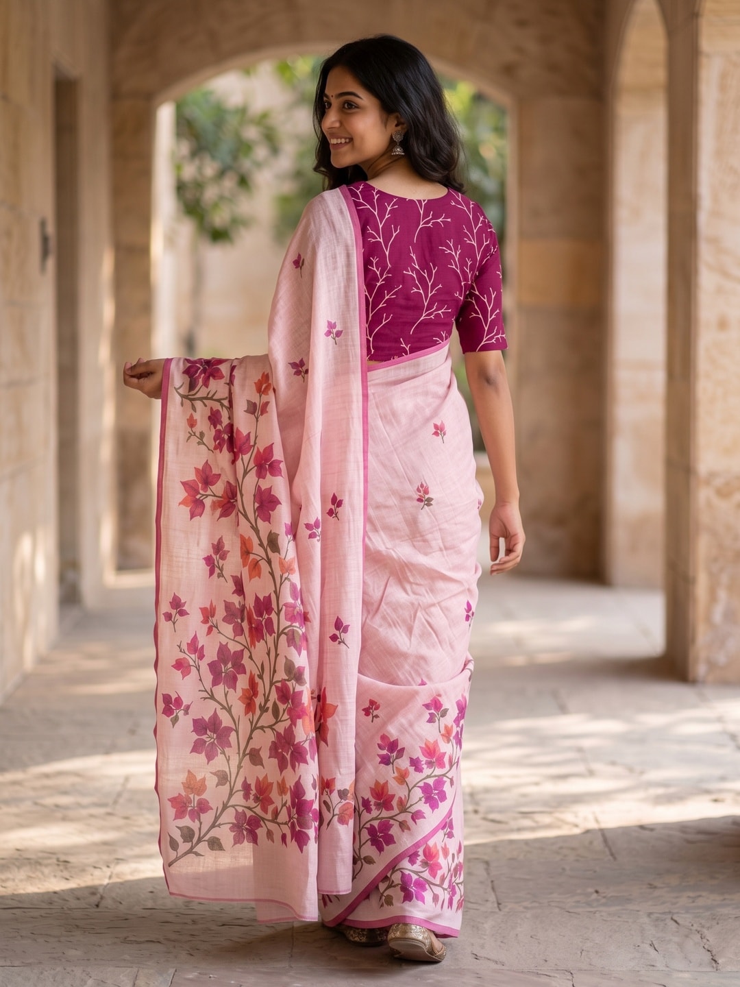 Peachmode Pink Bougainvillea Printed Linen Saree - Image 2