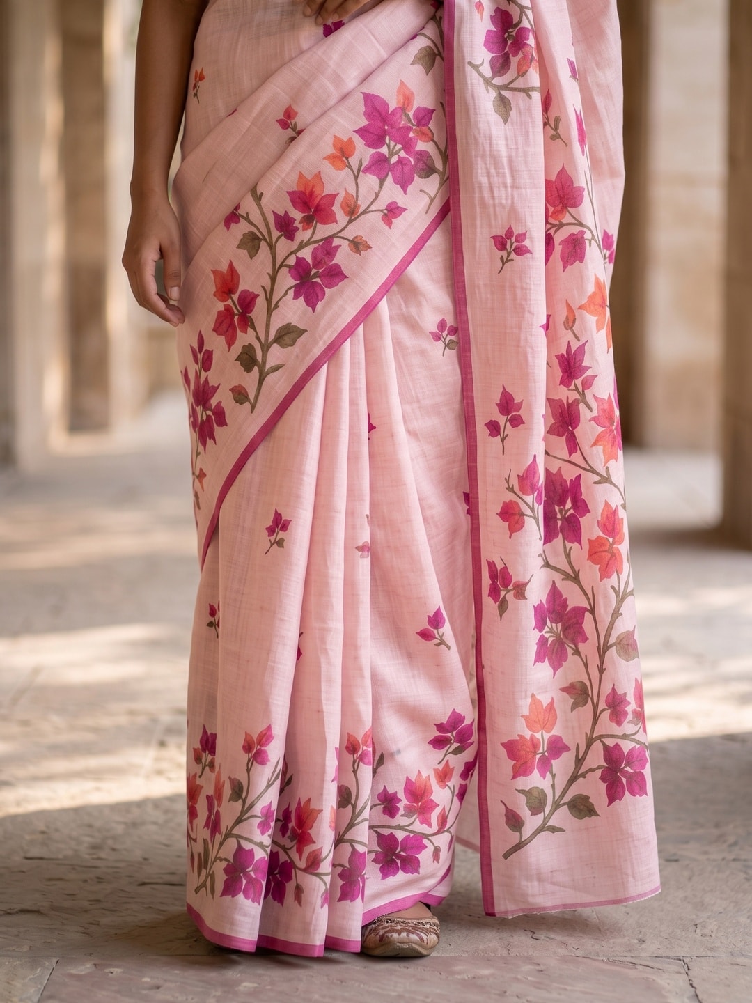 Peachmode Pink Bougainvillea Printed Linen Saree - Image 5
