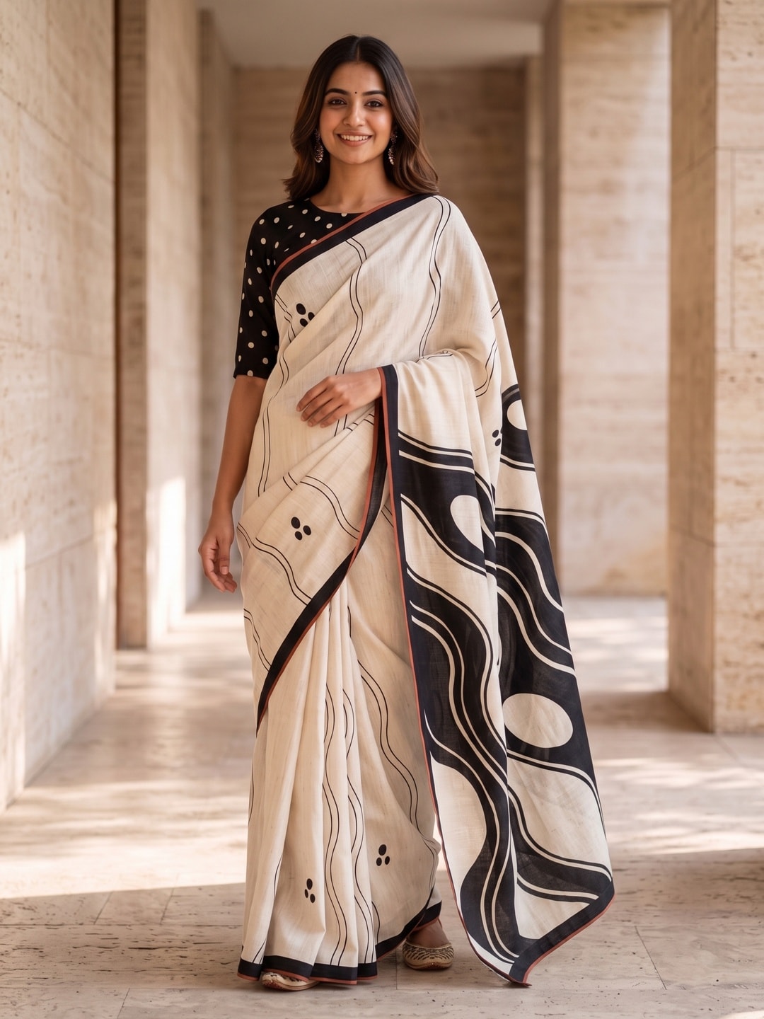 Peachmode Offwhite Wave Printed Linen Saree - Image 1