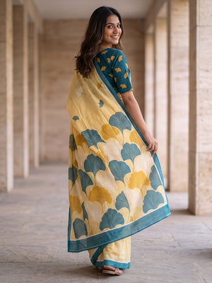 Peachmode Yellow Ginkgo Leaf Printed Linen Saree - Image 2