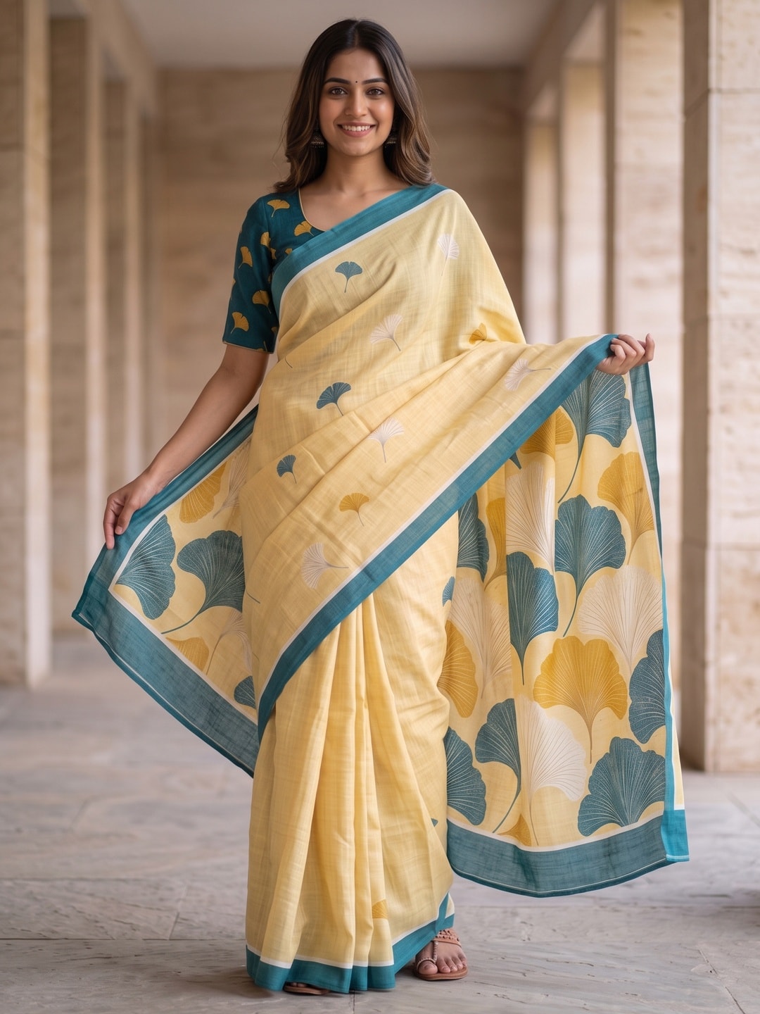 Peachmode Yellow Ginkgo Leaf Printed Linen Saree - Image 4