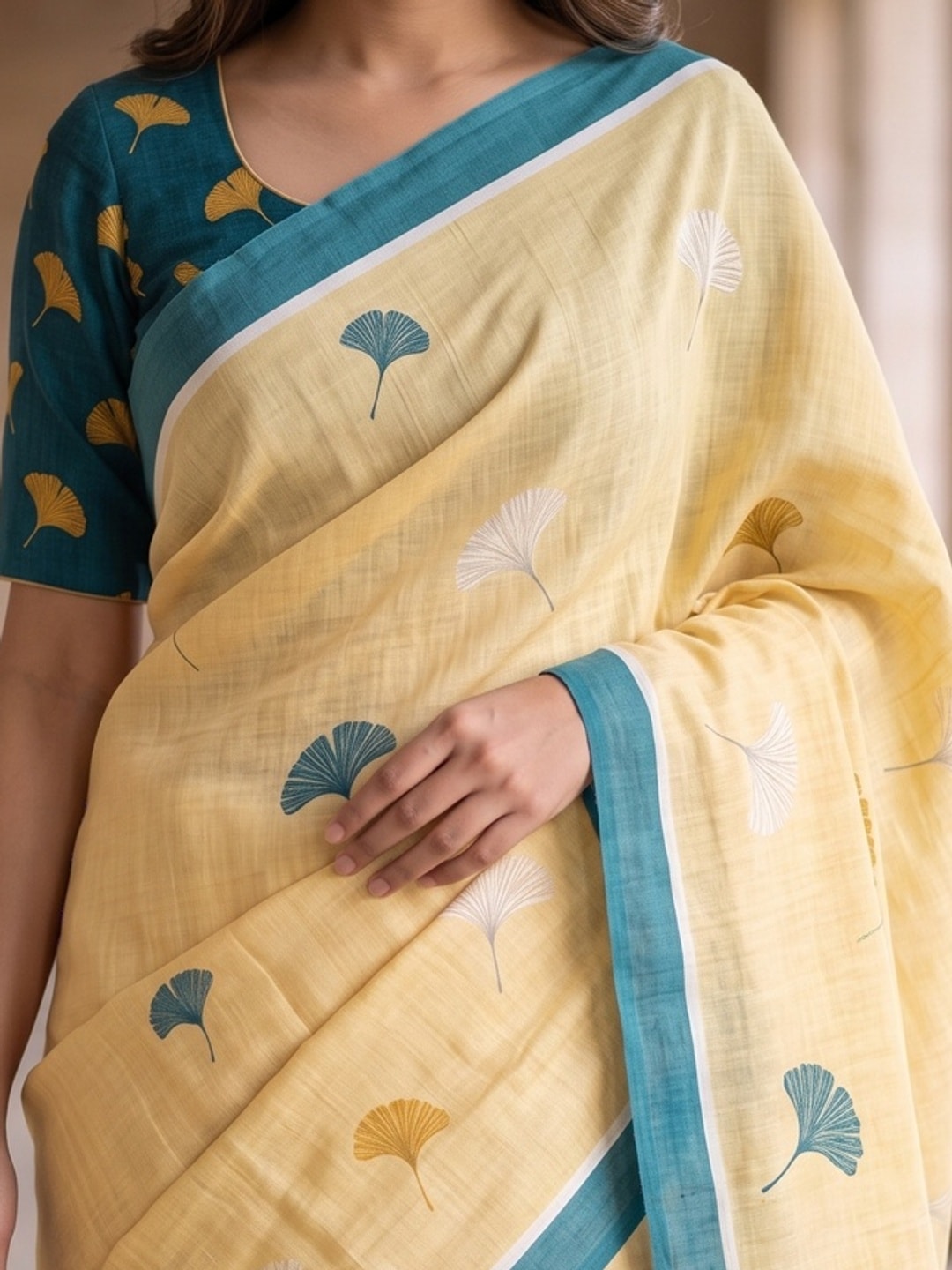 Peachmode Yellow Ginkgo Leaf Printed Linen Saree - Image 5