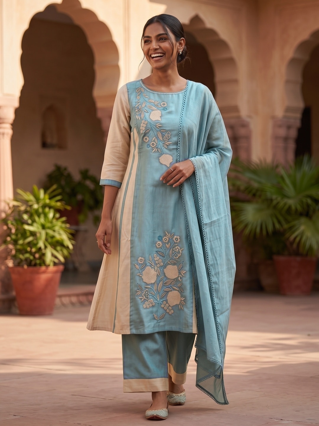 Peachmode Teal Mul Chanderi Floral Embroidered Panelled Salwar Suit Set - Image 2