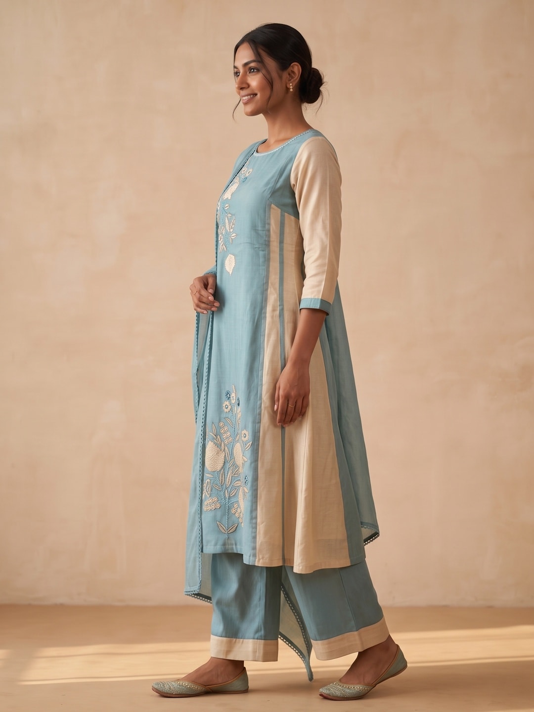 Peachmode Teal Mul Chanderi Floral Embroidered Panelled Salwar Suit Set - Image 3