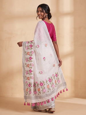 Peachmode White Floral Embroidered Linen Saree - Image 2