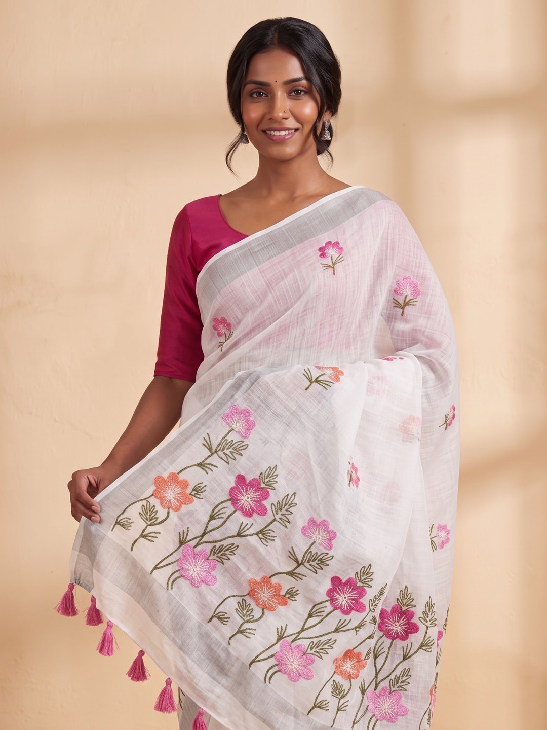 Peachmode White Floral Embroidered Linen Saree - Image 5