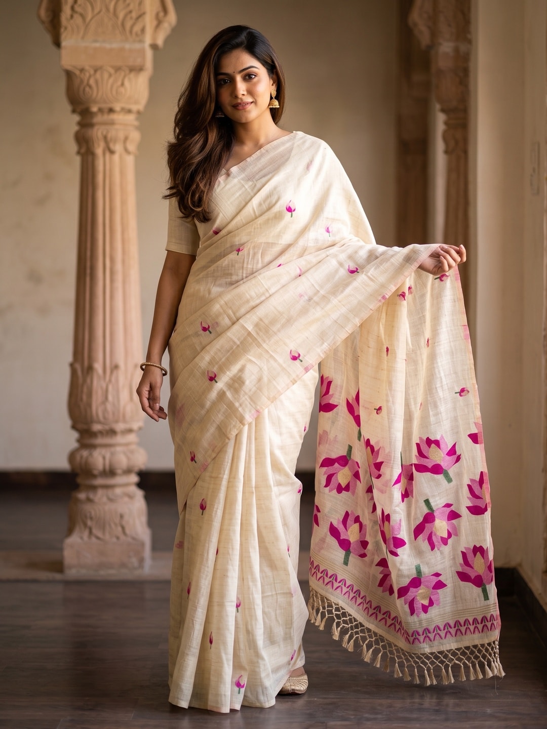 Peachmode Off White Pink Lotus Woven Cotton Blend Jamdani Saree - Image 1