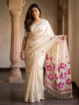 Peachmode Off White Pink Lotus Woven Cotton Blend Jamdani Saree - Image 1