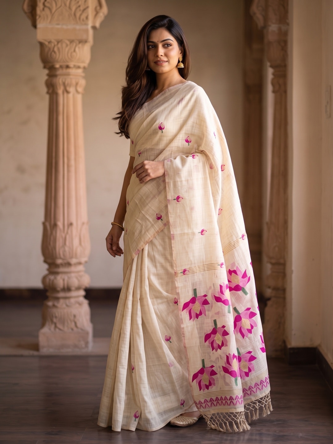 Peachmode Off White Pink Lotus Woven Cotton Blend Jamdani Saree - Image 3