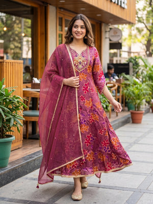 Gorgeous Dark Mauve Floral Printed Viscose Organza Anarkali Suit for Festive and Party Occasions - Image 1