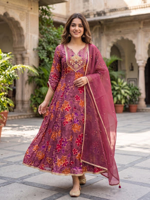 Gorgeous Dark Mauve Floral Printed Viscose Organza Anarkali Suit for Festive and Party Occasions - Image 2