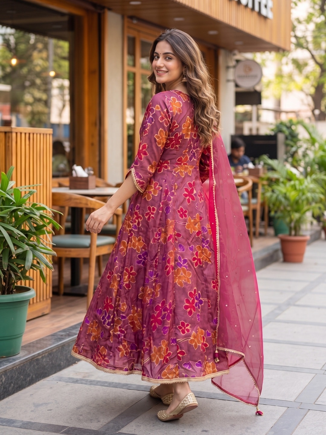 Gorgeous Dark Mauve Floral Printed Viscose Organza Anarkali Suit for Festive and Party Occasions - Image 4