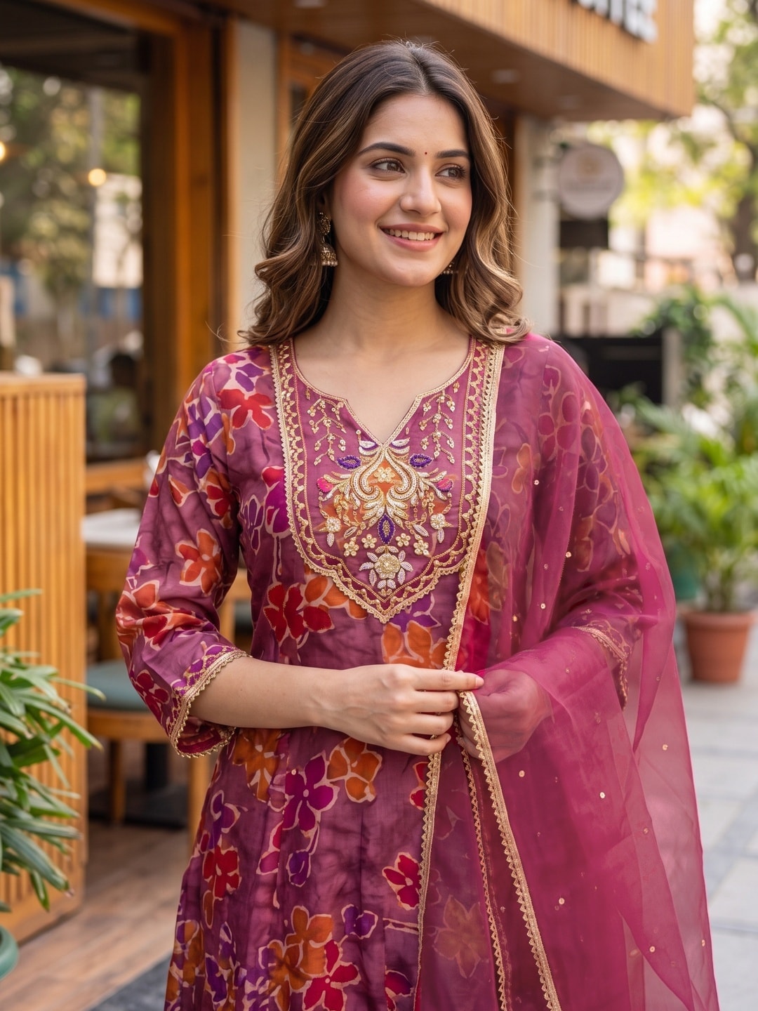 Gorgeous Dark Mauve Floral Printed Viscose Organza Anarkali Suit for Festive and Party Occasions - Image 5