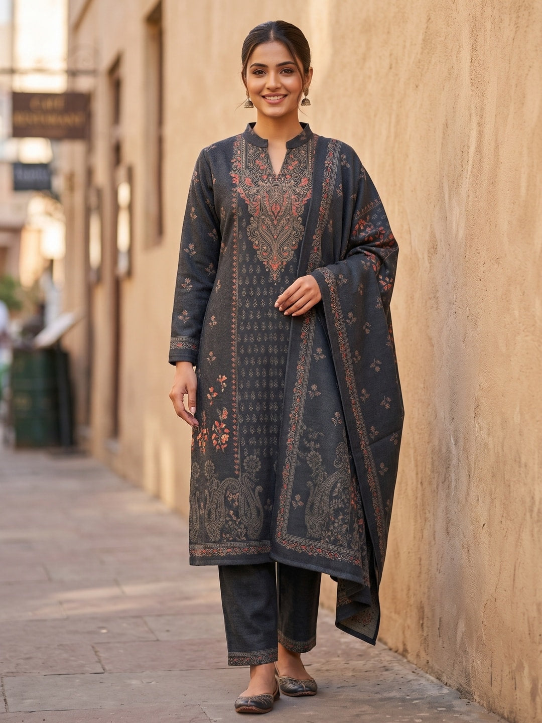 Peachmode Charcoal Black Printed Woolen Salwar Suit With Stole - Image 1
