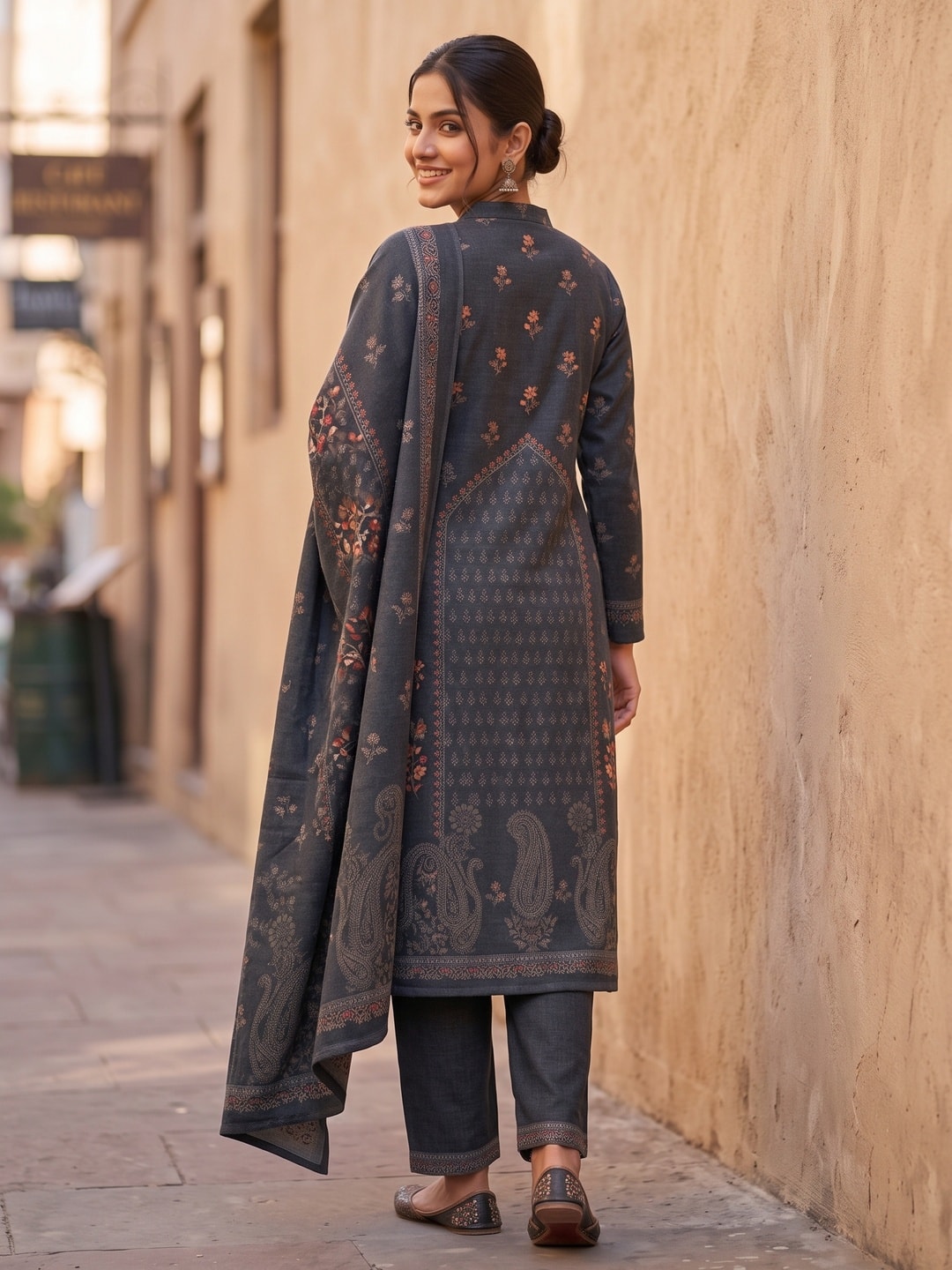 Peachmode Charcoal Black Printed Woolen Salwar Suit With Stole - Image 4