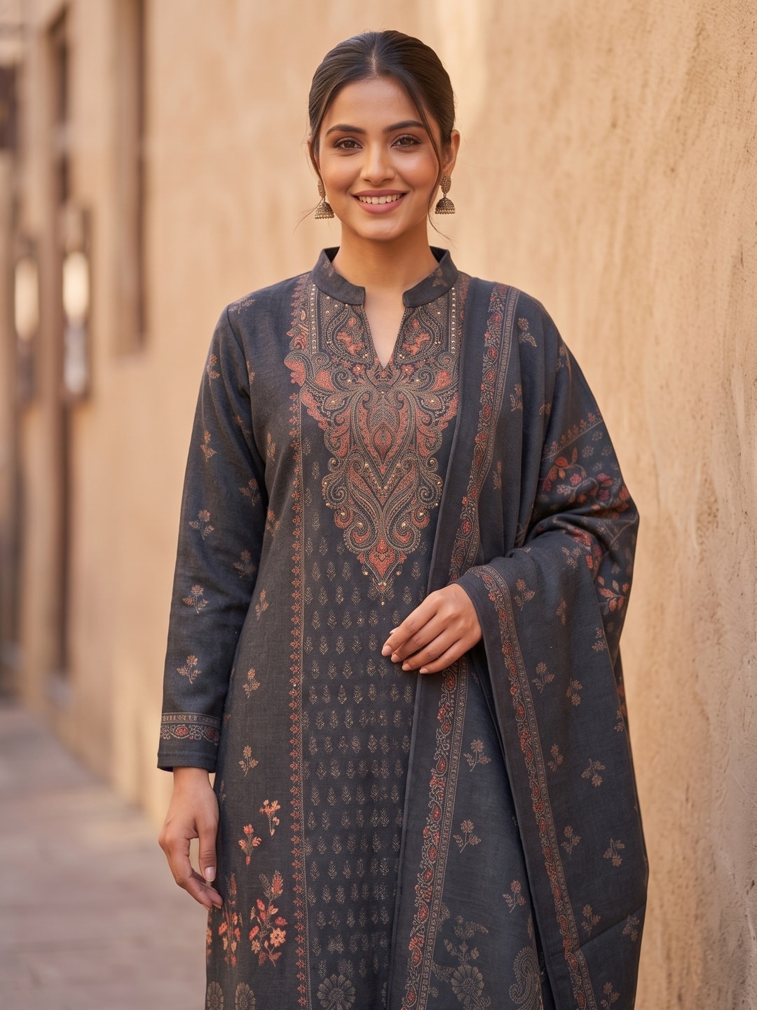 Peachmode Charcoal Black Printed Woolen Salwar Suit With Stole - Image 5