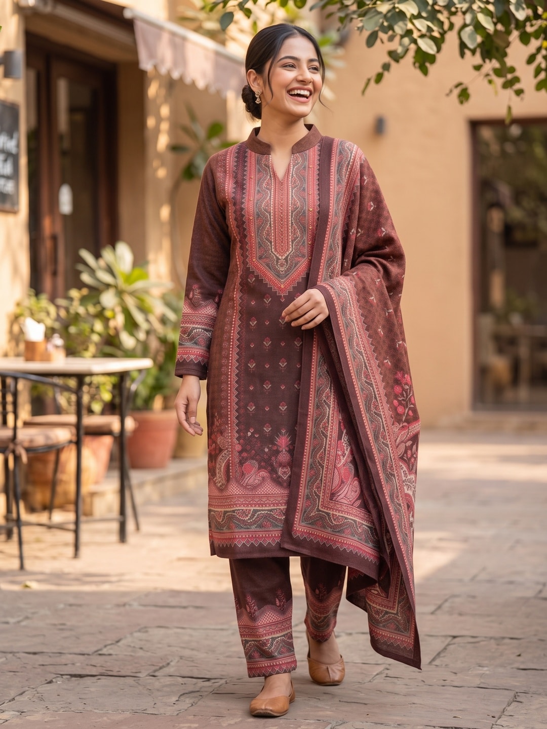 Peachmode Maroon Printed Woolen Salwar Suit With Stole - Image 2