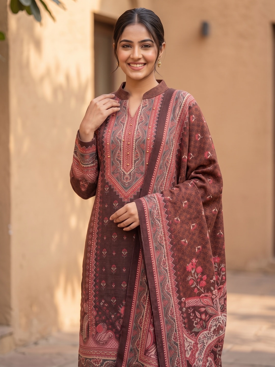 Peachmode Maroon Printed Woolen Salwar Suit With Stole - Image 5