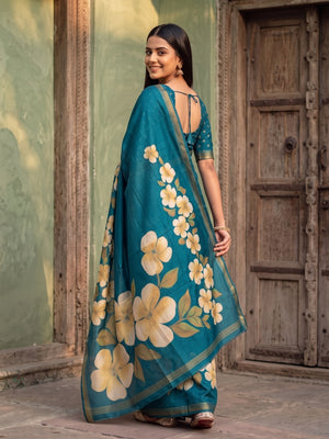 Peachmode Peacock Blue Marshmallow Saree With 3D Floral Print And Woven Jacquard Border - Image 2