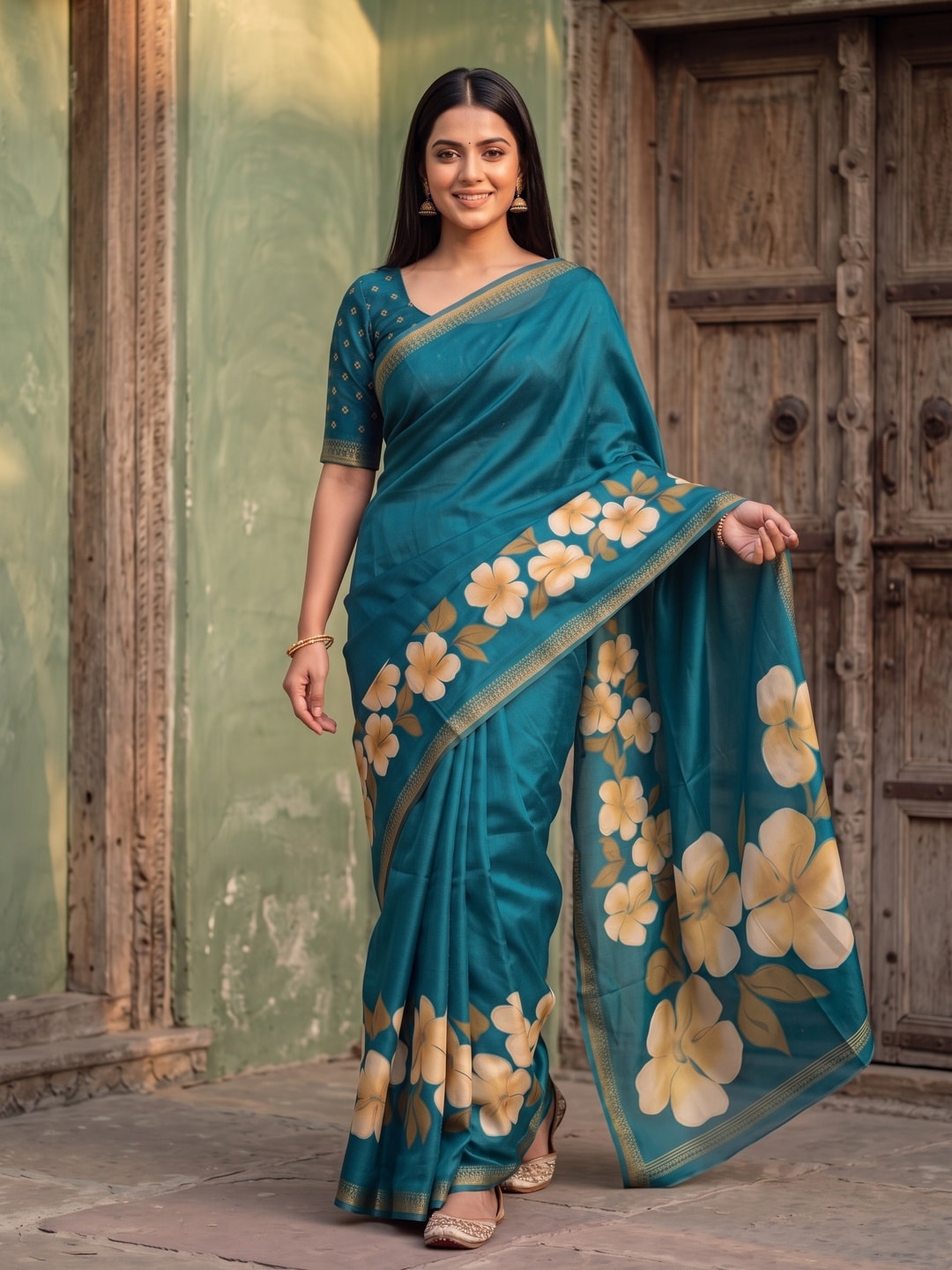 Peachmode Peacock Blue Marshmallow Saree With 3D Floral Print And Woven Jacquard Border - Image 3