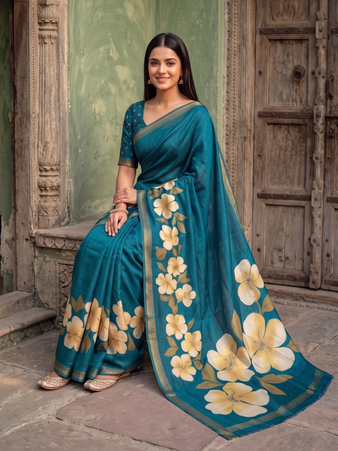 Peachmode Peacock Blue Marshmallow Saree With 3D Floral Print And Woven Jacquard Border - Image 4