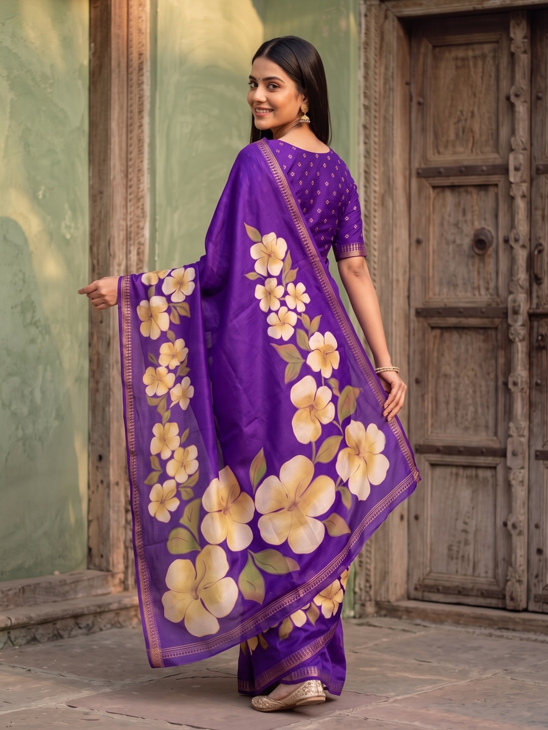 Peachmode Purple Marshmallow Saree With 3D Floral Print And Woven Jacquard Border - Image 2