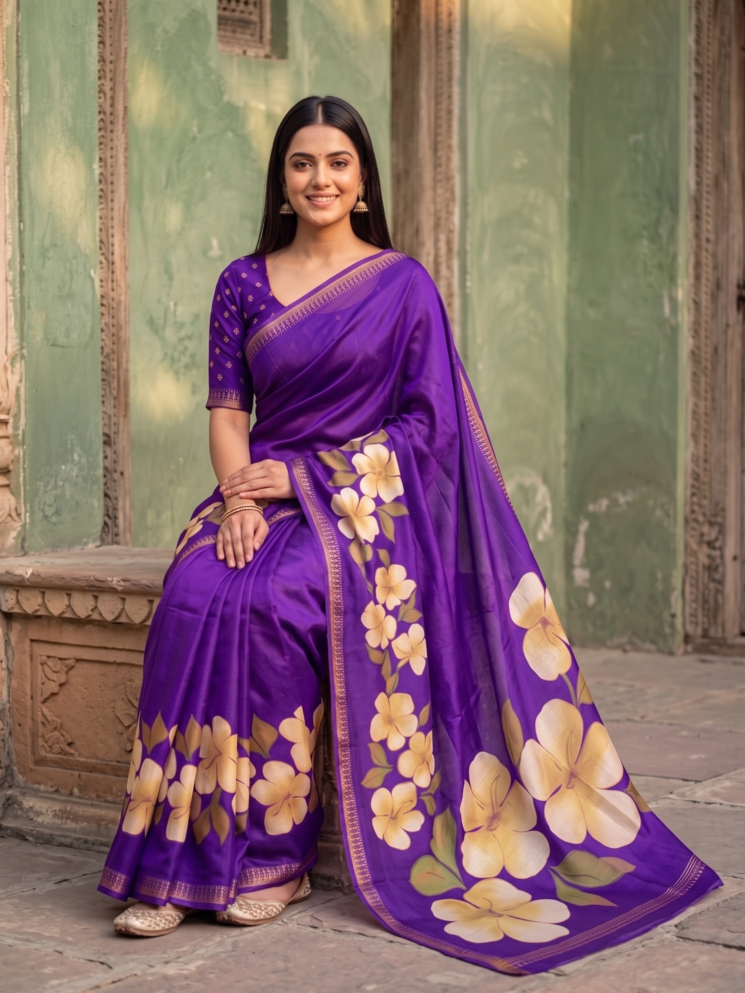 Peachmode Purple Marshmallow Saree With 3D Floral Print And Woven Jacquard Border - Image 4