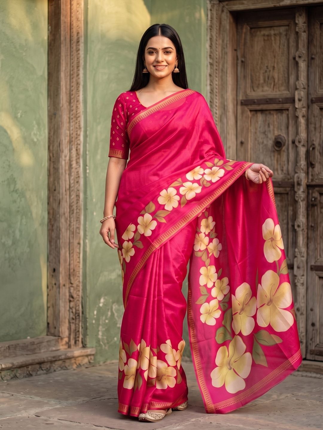 Peachmode Pink Marshmallow Saree With 3D Floral Print And Woven Jacquard Border - Image 1