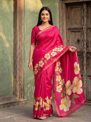 Peachmode Pink Marshmallow Saree With 3D Floral Print And Woven Jacquard Border - Image 1