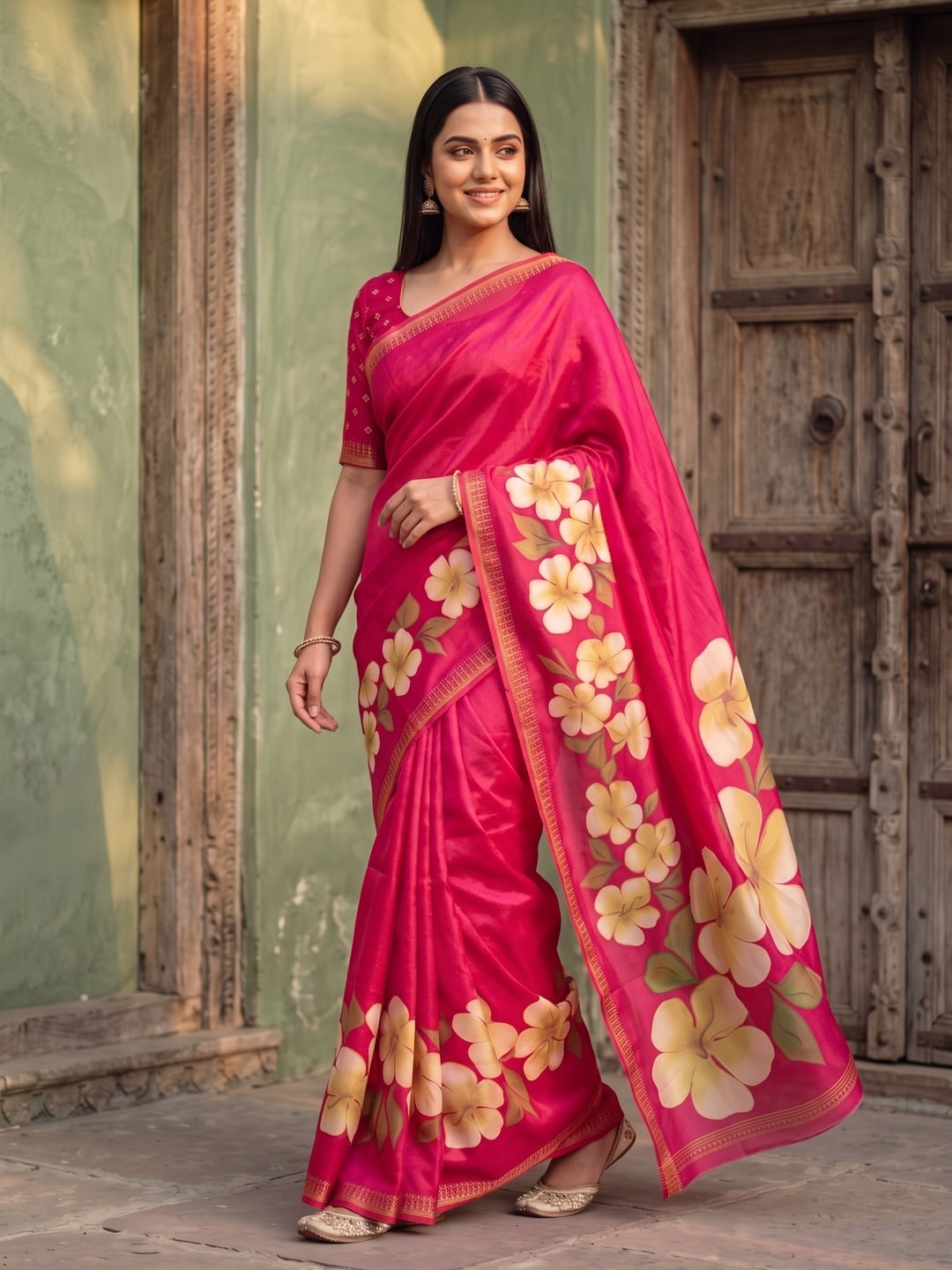 Peachmode Pink Marshmallow Saree With 3D Floral Print And Woven Jacquard Border - Image 3