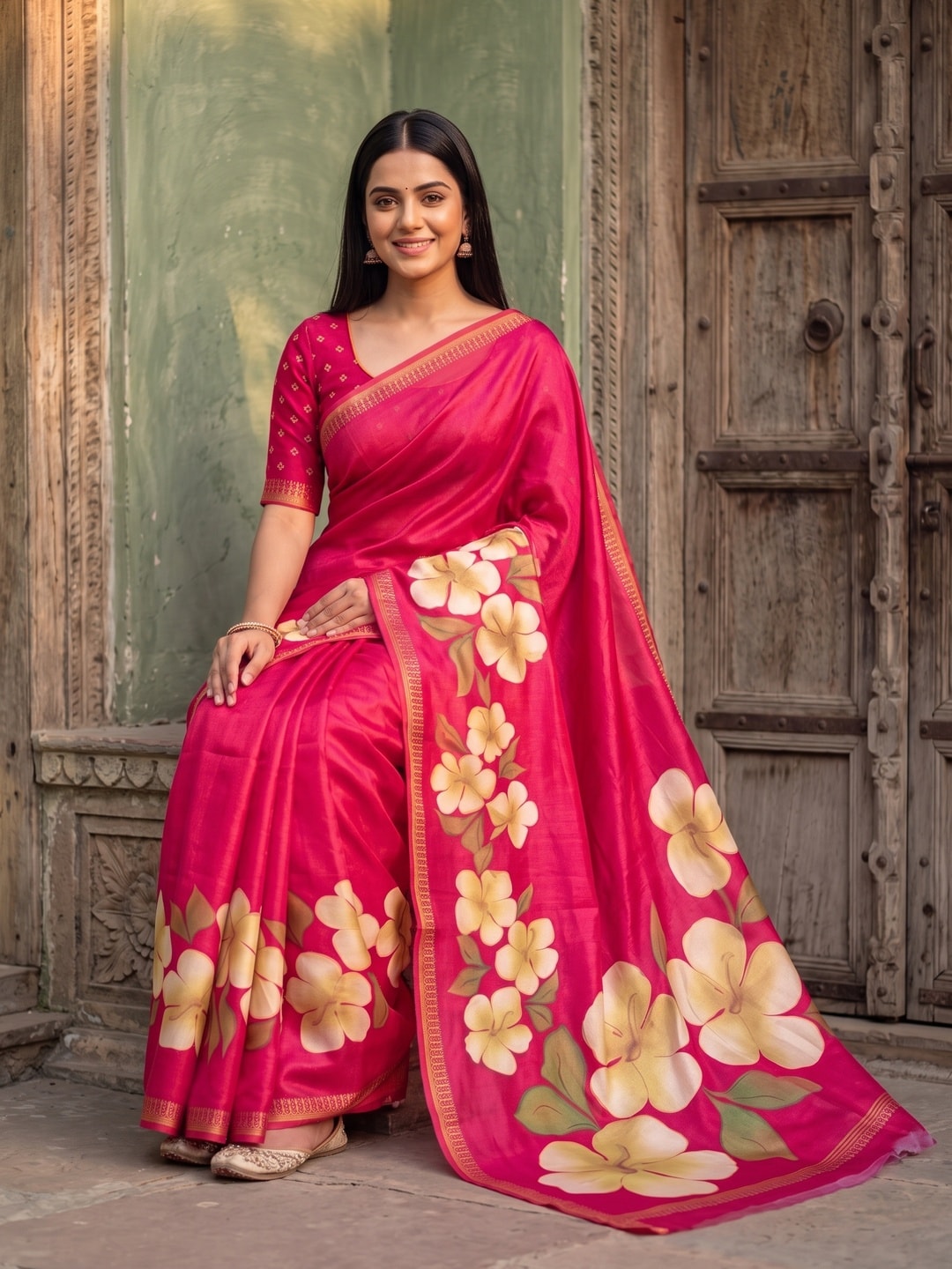 Peachmode Pink Marshmallow Saree With 3D Floral Print And Woven Jacquard Border - Image 4