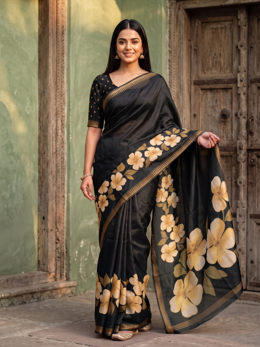 Peachmode Black Marshmallow Saree With 3D Floral Print And Woven Jacquard Border - Image 1